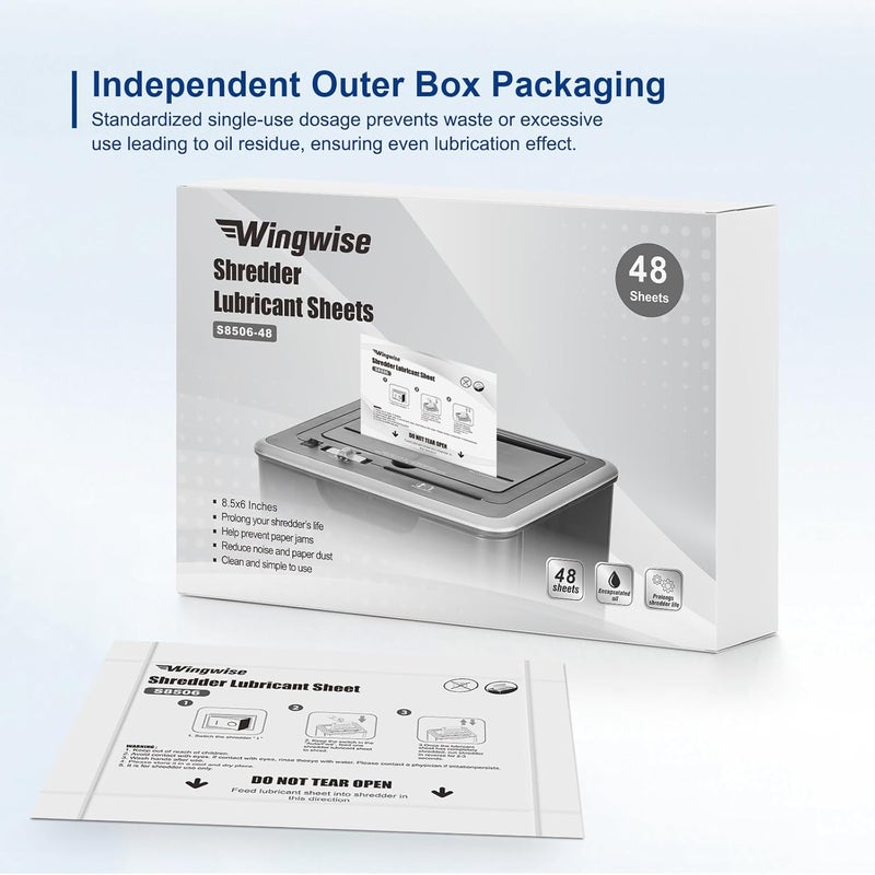 Wingwise 48-Pack Shredder Lubricant Sheets, 8.5 x 6 Inches, Sharpens Blades & Extends Shredder Life, Mess-Free Maintenance for Heavy-Duty Use - Image 5